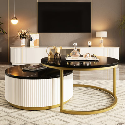 Élégante table basse gigogne ronde avec tiroir - Décoration contemporaine cannelée noire et dorée