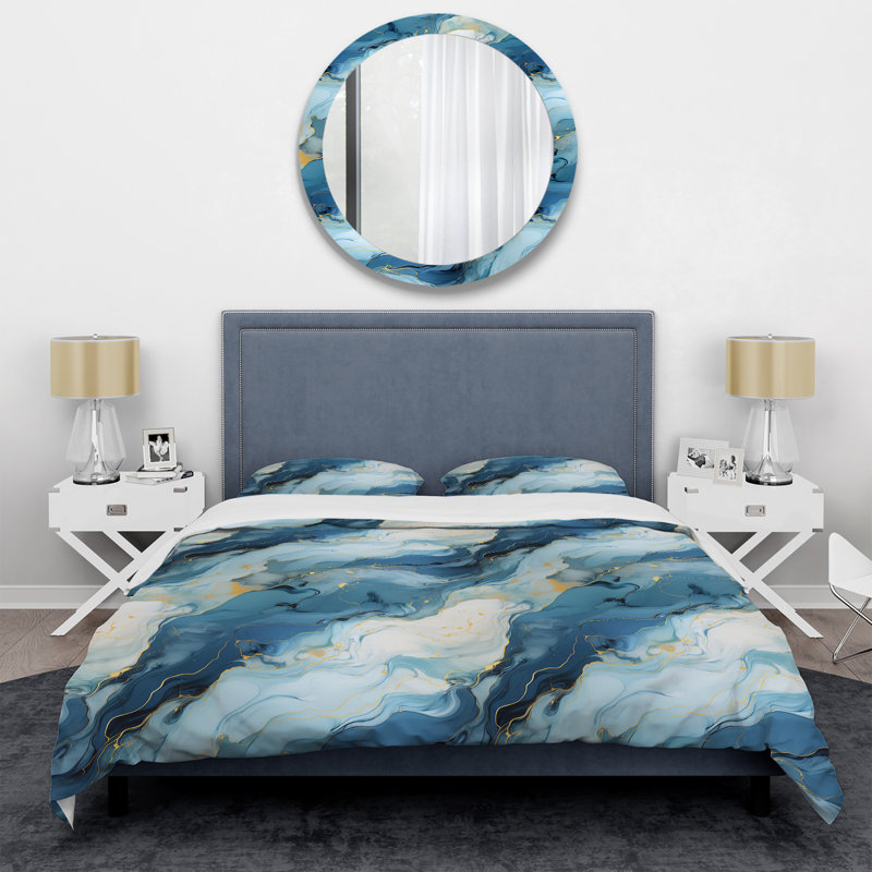 Literie en marbre zen bleu et blanc I, Housse de couette pour très grand lit et 2 très