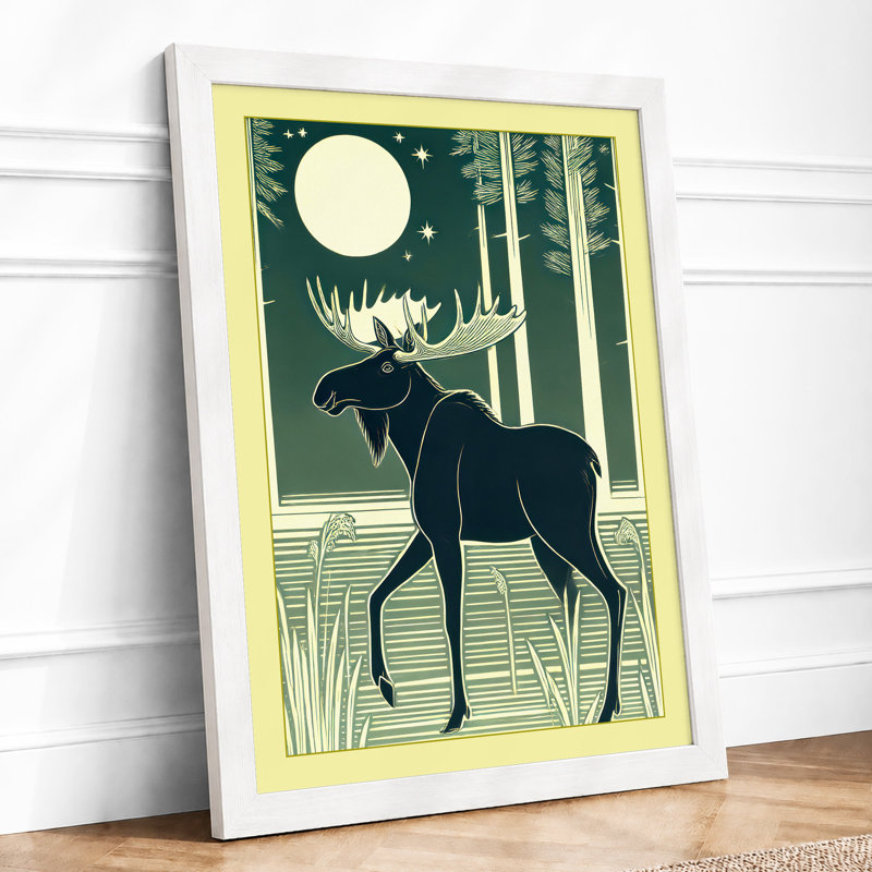 Moose Under Moonlight Scandinavian 1 Piece Single Picture Frame Wall Art, A4 - 29.7 x 21.0 cm, White