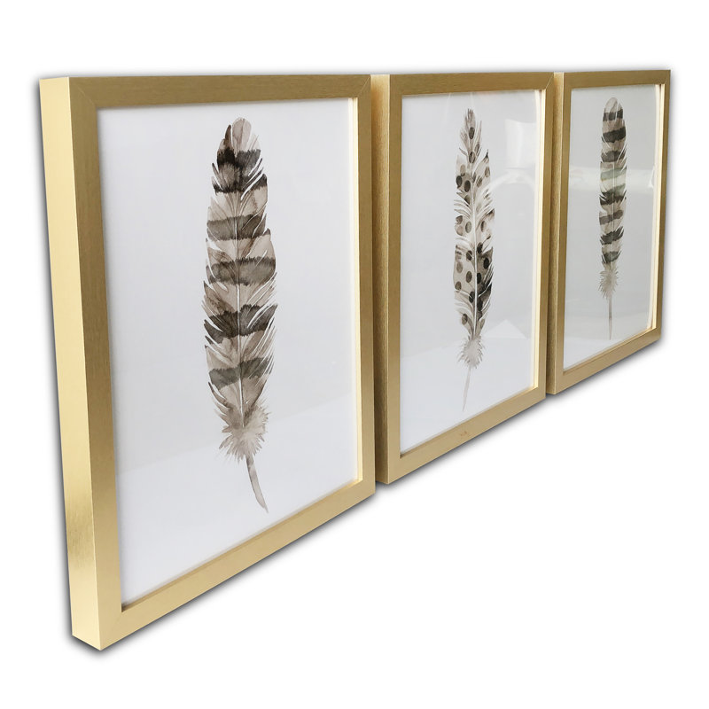 "Feathers", ensemble de 3 reproductions d'art encadrées dorées