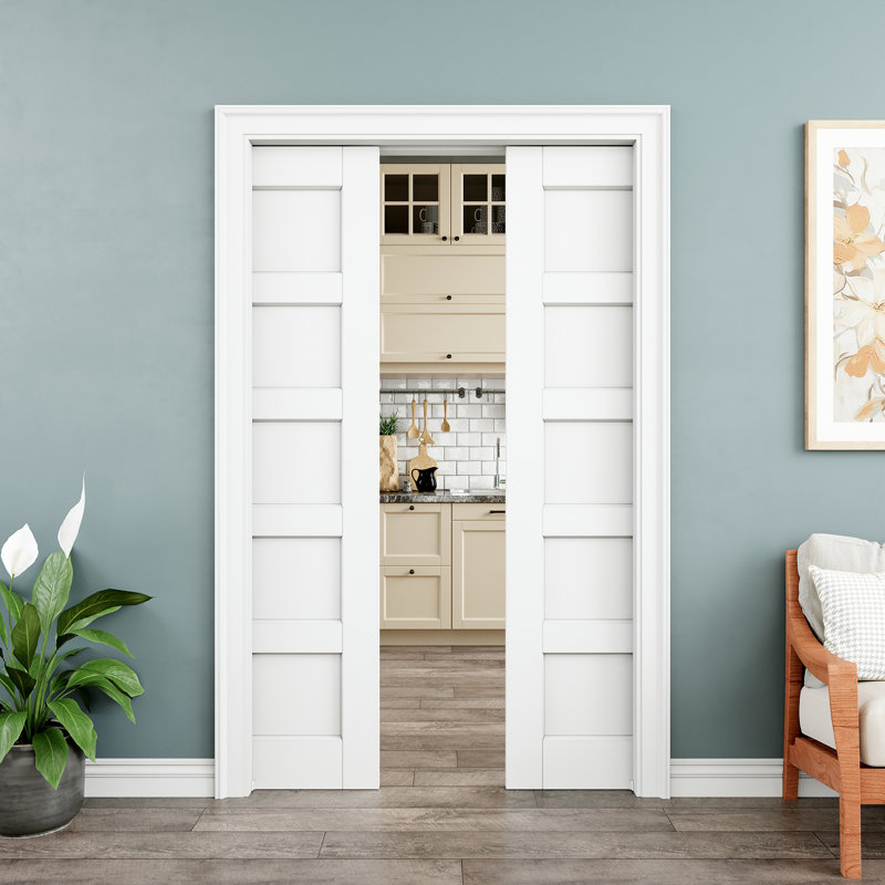 48x80 5 Panel Solid Core Double Pocket Doors with Hardware Kit and Soft Close, Sliding Closet Doors, White Pantry Door, Sliding Pocket Door for Bathroom