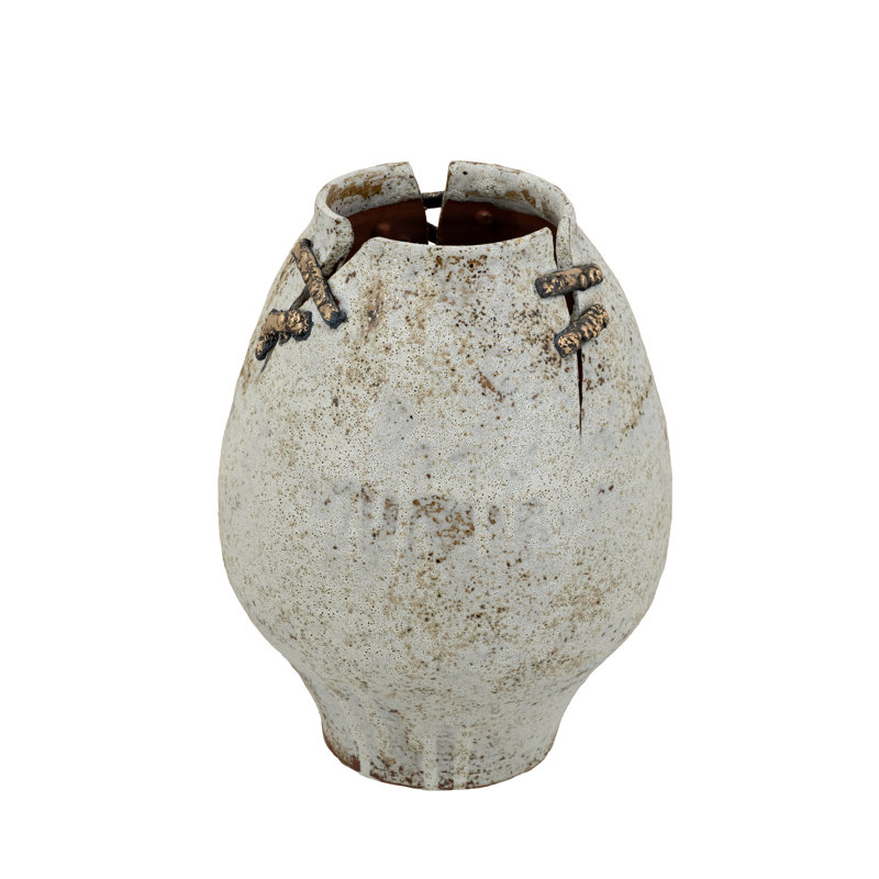 Hand-Pulled Ceramic Accent Vase With Earthy Finish And Wire Details, 9.4" H x 7.5" W x 7.5" D