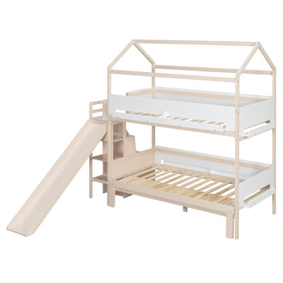 Twin Over Twin/full Convertible House Bunk Bed With Slide & Storage Stairs