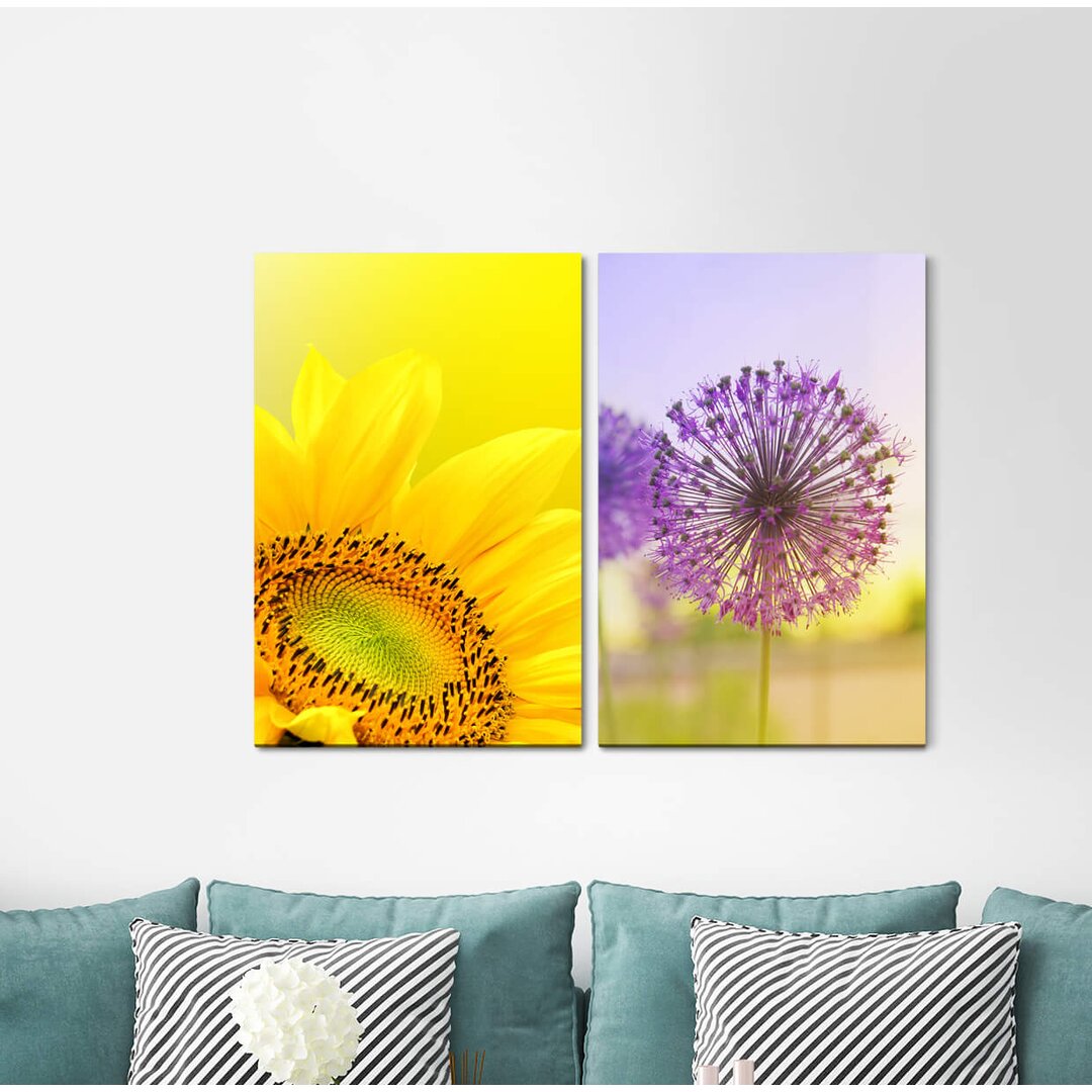 2-tlg. Leinwandbilder-Set - Fotografie „Sunflower Blowball Yellow Summer Flowers Purple”