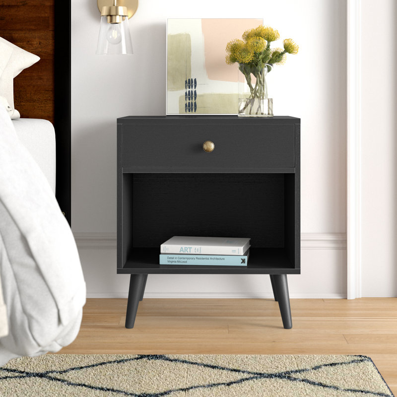 Vansant 1 - Drawer Nightstand with Drawer and Open Compartment, Solid Wood Legs, Black