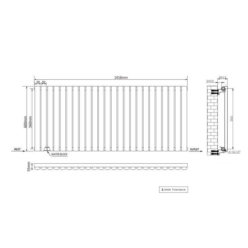 Shirly Horizontal Oval Panel Radiators, Normal Black, 60cm H x 141.6cm W, 2