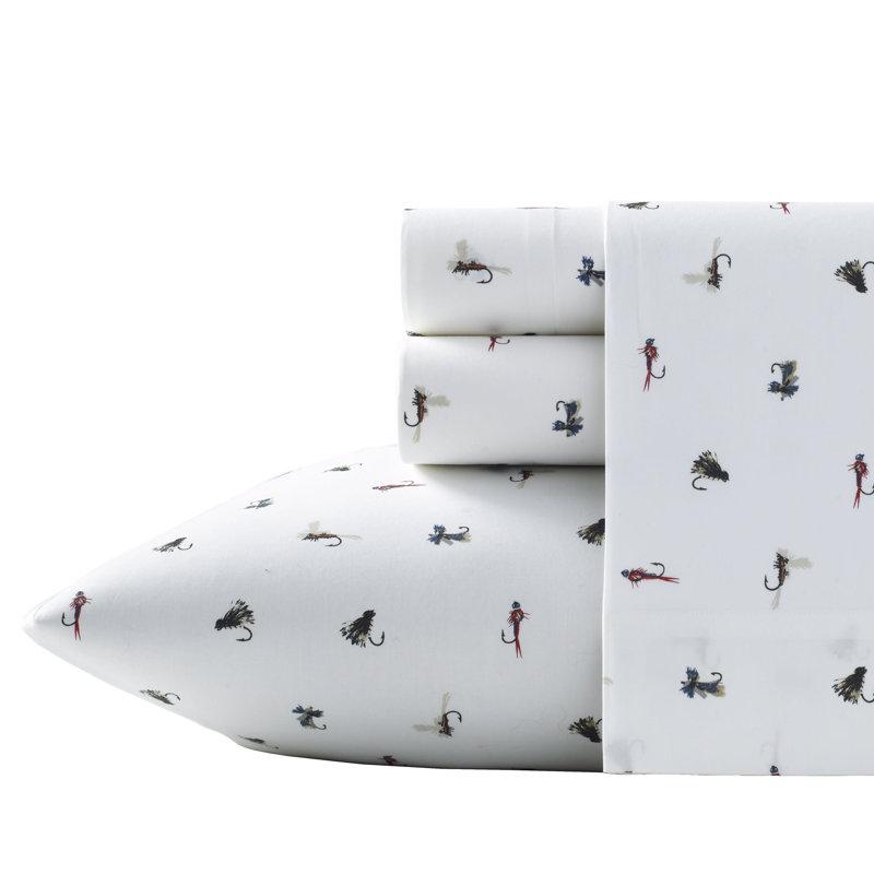 Shasta Lake Cotton Percale Standard Sheet Set, Queen Sheet Set with 2 Pillowcases, Fishing Flies