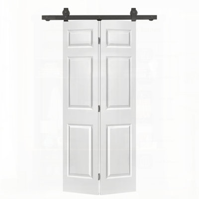6-Panel Primed MDF Composite Bi-Fold Barn Door With Sliding Hardware Kit, For Space-Saving And Stylish Room Dividers.