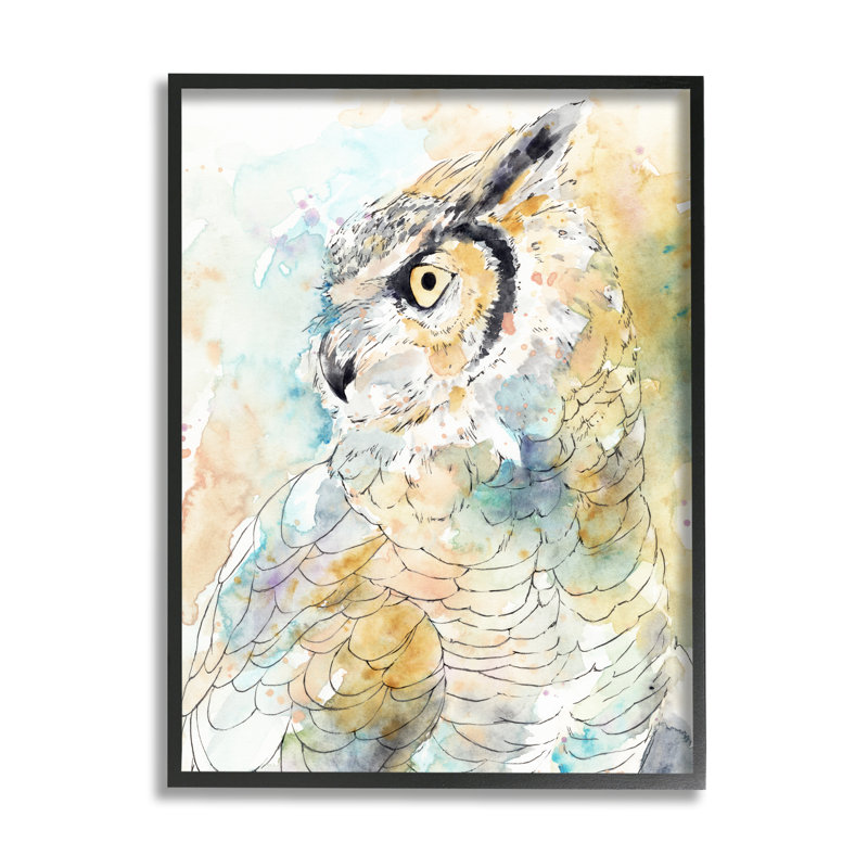 Chouette, œil de côté, aquarelle, H 14 po x l 11 po, Giclée encadrée noir minuit