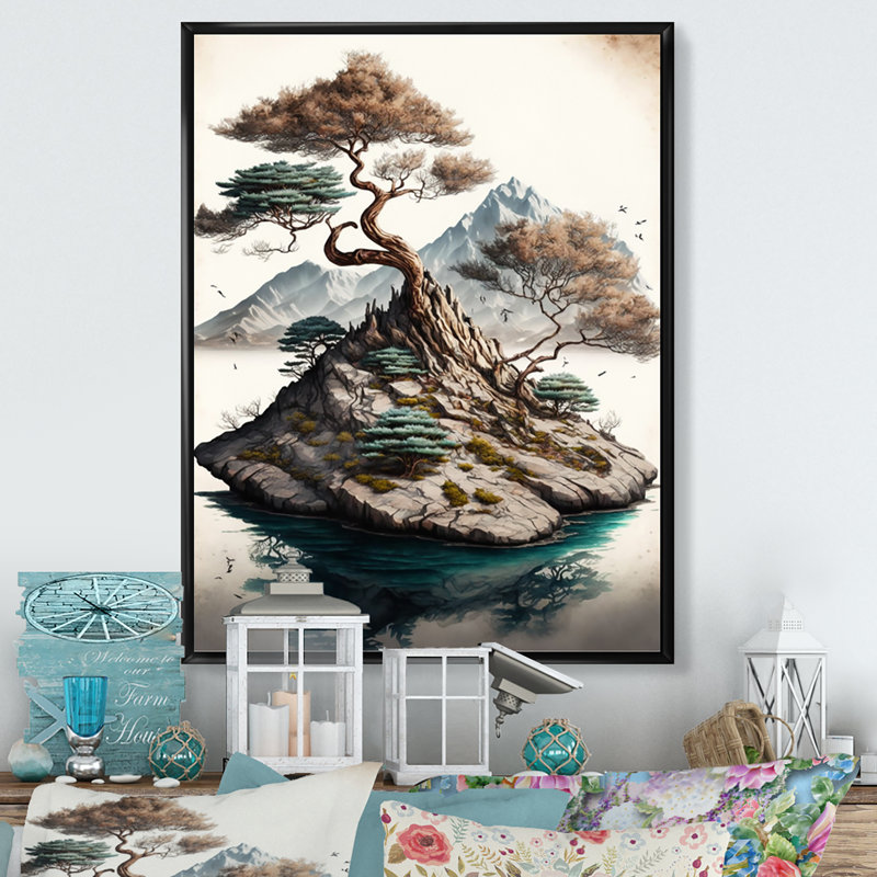 Bonsai Tree On A Rock I - Art mural moderne sur toile, L 16 po x H 32 po, Toile à cadre flottant noir