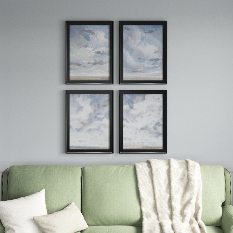 Ciel bleu I - ensemble de 4 peintures sur toile encadrées, H 24,5 po x l 74 po x P 1 po, Cadre noir
