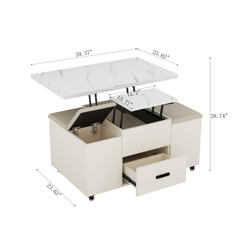 Modern Living Room Coffee Table With 4 Stools - Expandable Folding Dining Hidden Storage + 2 Drawers, Space Efficient Yellow Saving Table, & Drawers Contemporary Flair