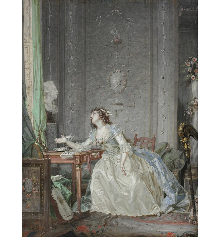 «Interior with a Portrait of a Young Lady devant un buste» par Claude Hoin - Art mural sur toile tendue avec châssis
