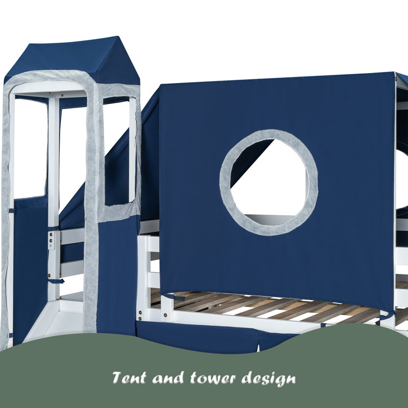 Lit mezzanine double avec tente et tour, Bleu
