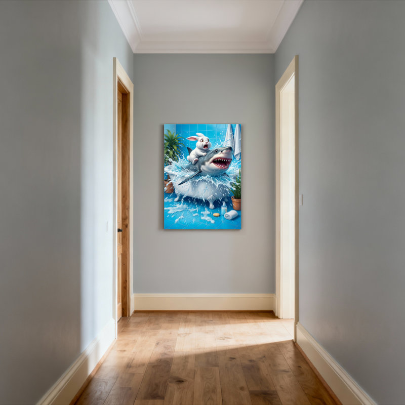 Shark And Bunny In Bathroom Canvas Wrapped Wall Art Oil Painting Print Set Of 1, 30" H x 20" W