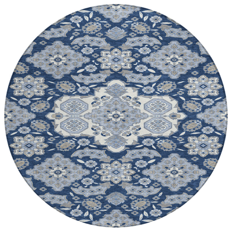 Machine Washable Indoor/Outdoor Xhevrie Blue Rug, Round 8' x 8'