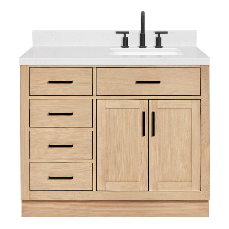 Meuble-lavabo simple en bois massif 42 po Tidworth avec plateau en quartz Carrara de 1,5 po, Chêne naturel, Oui