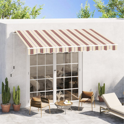 Auvent rétractable de 13 pi x 8 pi, auvents de patio, abri pare-soleil avec poignée manuelle, tissu résistant aux rayons UV et à l'eau et cadre en aluminium pour terrasse, balcon, cour, rayures rouges