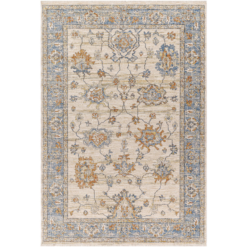 Tapis oriental en polyester tissé à la machine en bleu, Rond 6 pi 7 po