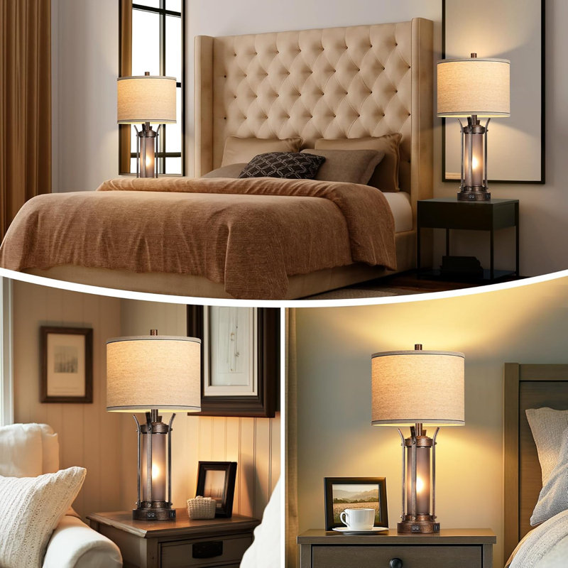 26" Bronze Rustic Farmhouse Table Lamps with USB Ports (Set of 2)