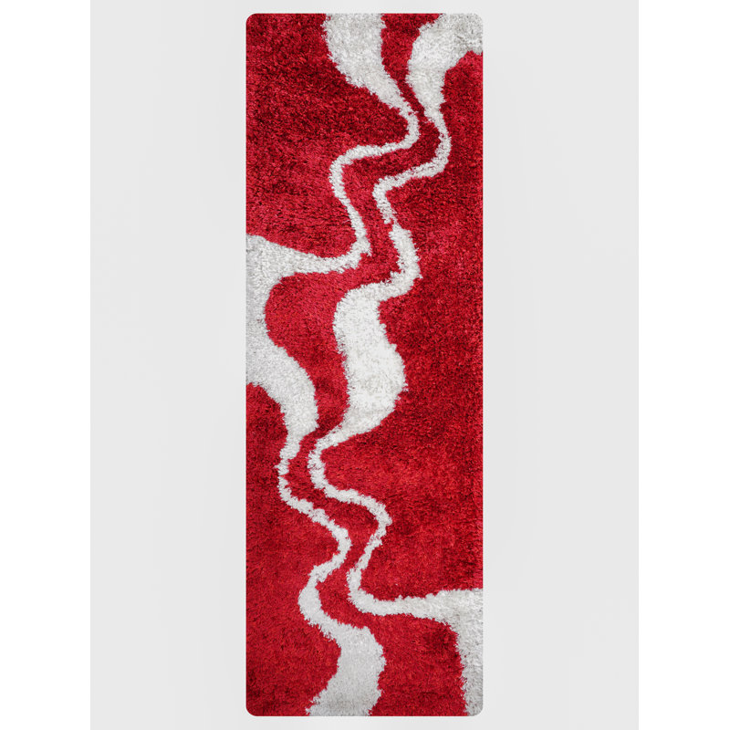 HAND TUFTED SHAG POLYESTER ECO-FRIENDLY AREA RUGS  - Runner | Red White | Contemporary Design, High Pile Thick Handmade Anti Skid Area Rugs for Living Room, Bed Room