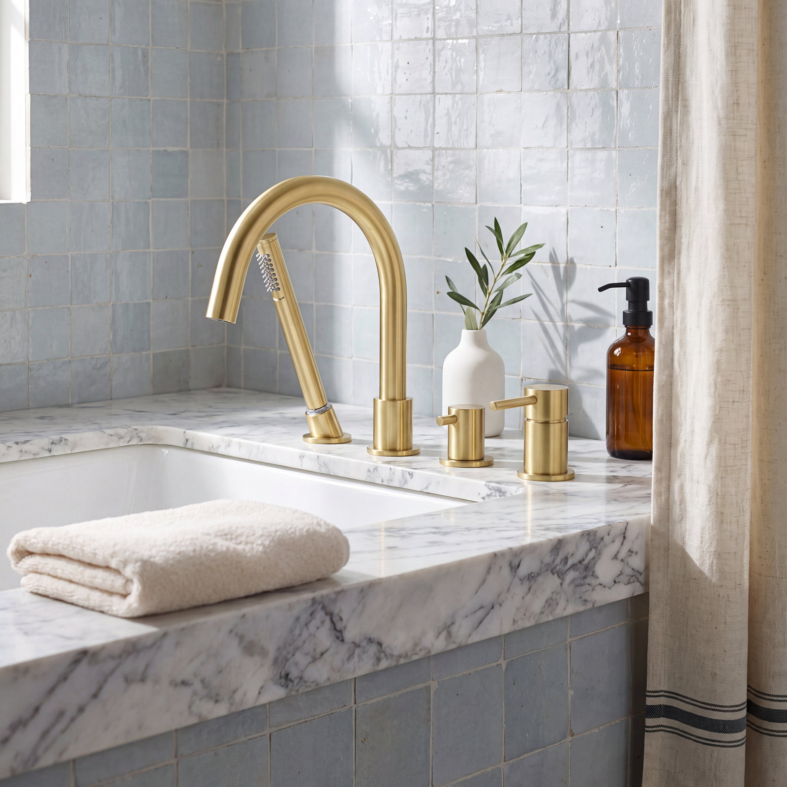 Circular Deck-Mounted Tub Filler with Diverter, Brushed Gold