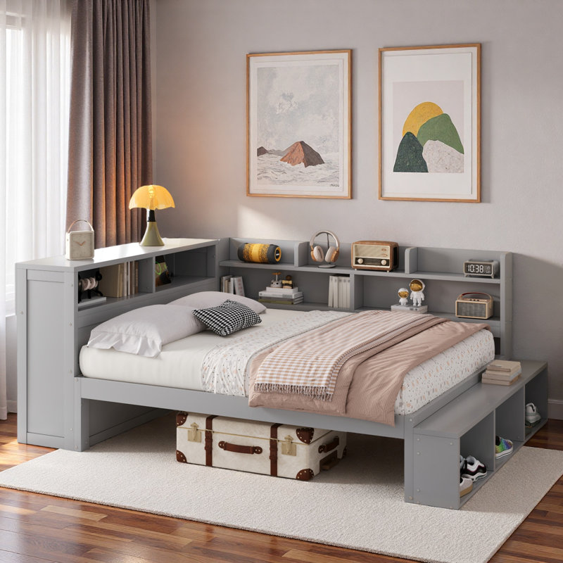 L-shaped Daybed With Storage Cabinets, Shoe Cabinet And Usb Ports, Gray
