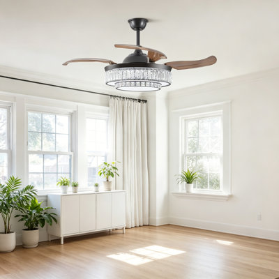 Ventilateur de plafond rétractable 48 po à DEL en cristal contemporain avec lumière et télécommande, moteur à courant continu réversible à 6 vitesses, ventilateurs de plafond modernes à 4 pales pour la cuisine, la salle à manger et le patio