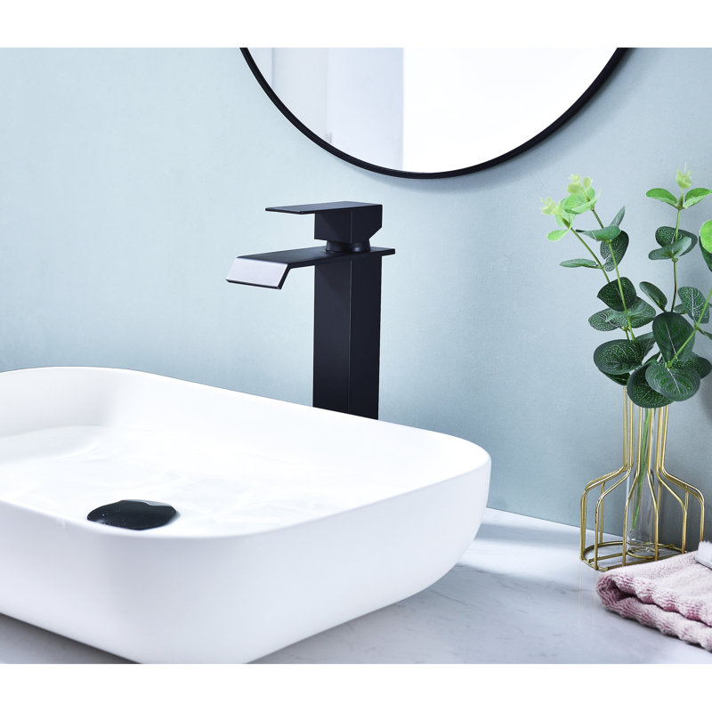 Waterfall Spout Bathroom Faucet, Single Handle, Matte Black Stainless Steel, & , Construction, 1.2 Gpm Aerator, Pop Up Drain Assembly Sink Spout, Lever, Rust Resistance,