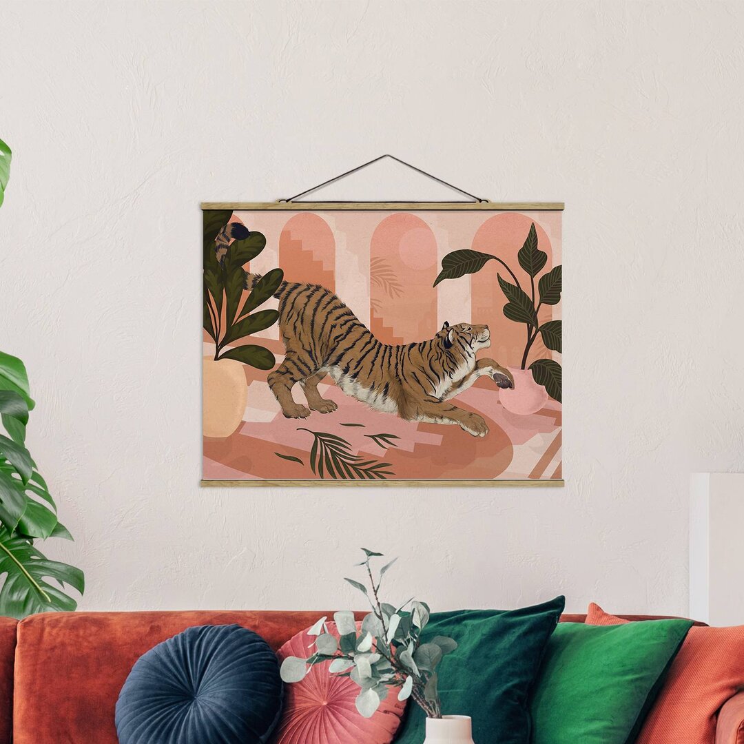 Stoffbild Illustration Tiger in Pastel Pink von Laura Graves