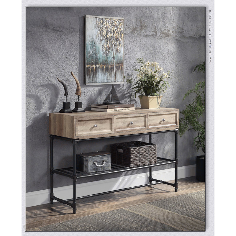 Brantley Oak & Sandy Gray Finish Sofa Table With Durable Metal Base And Stylish Design For Modern Living Rooms