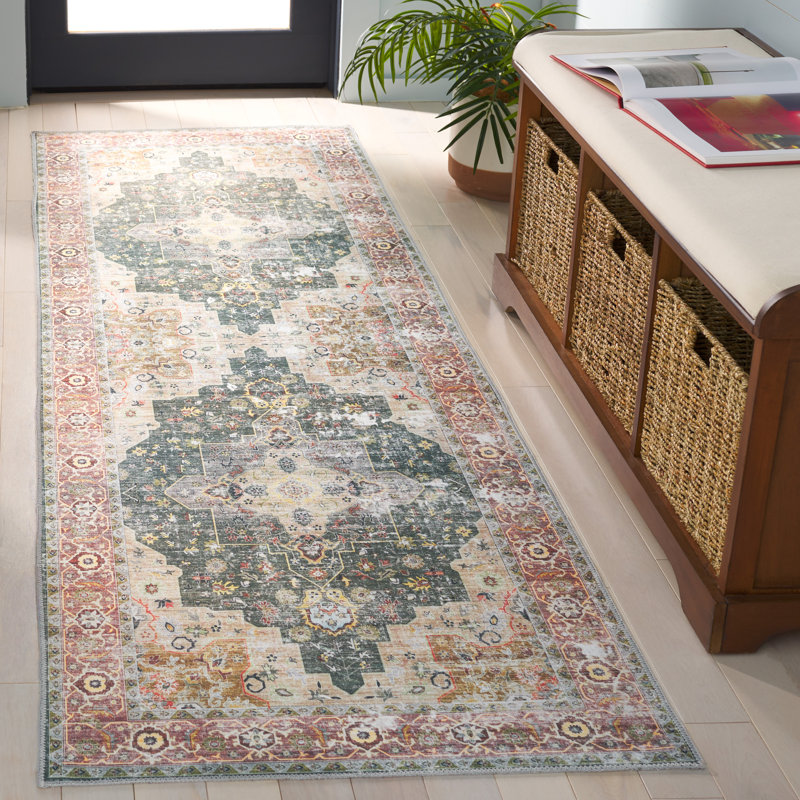 Arizona Eckart Machine Washable Non-Slip Area Rug in Green & Beige, Runner 76 x 244 cm