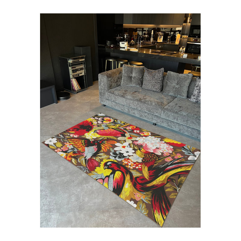 Tapis noir tissé à motif floral lavable Mosso, 2 pi 6 po x 9 pi 10 po