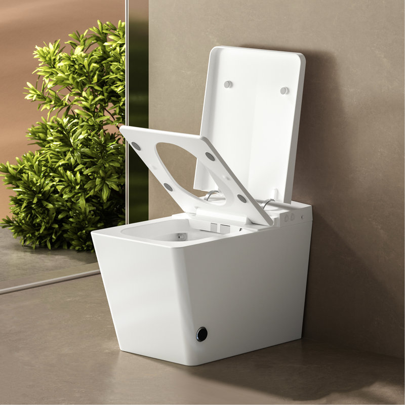 Bathroom Square Smart Toilet With Placed Tank - Remote Managed, Auto Flushing, Heated Seat, Led Display, User Adjustable Choices, White Finish High Embedded Control, Automatic Flush, Warm Memory, Hue