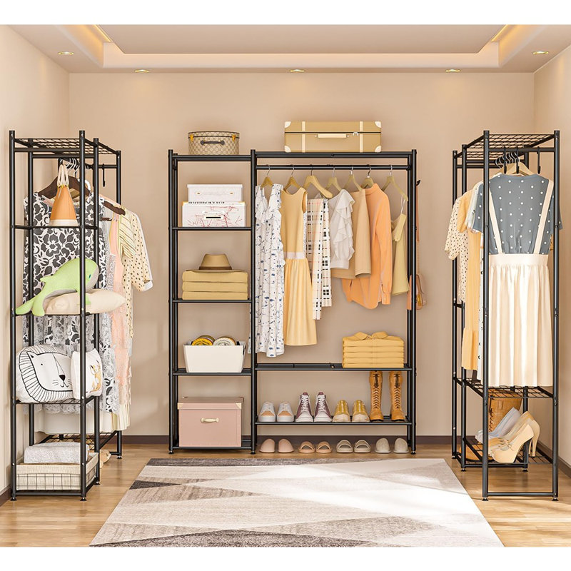 Portable Wardrobe Closet – Freestanding Clothing Rack With 4-Tier Shelves For Bedroom & Cloakroom [Black] – [Metal / Modern / Freestanding]