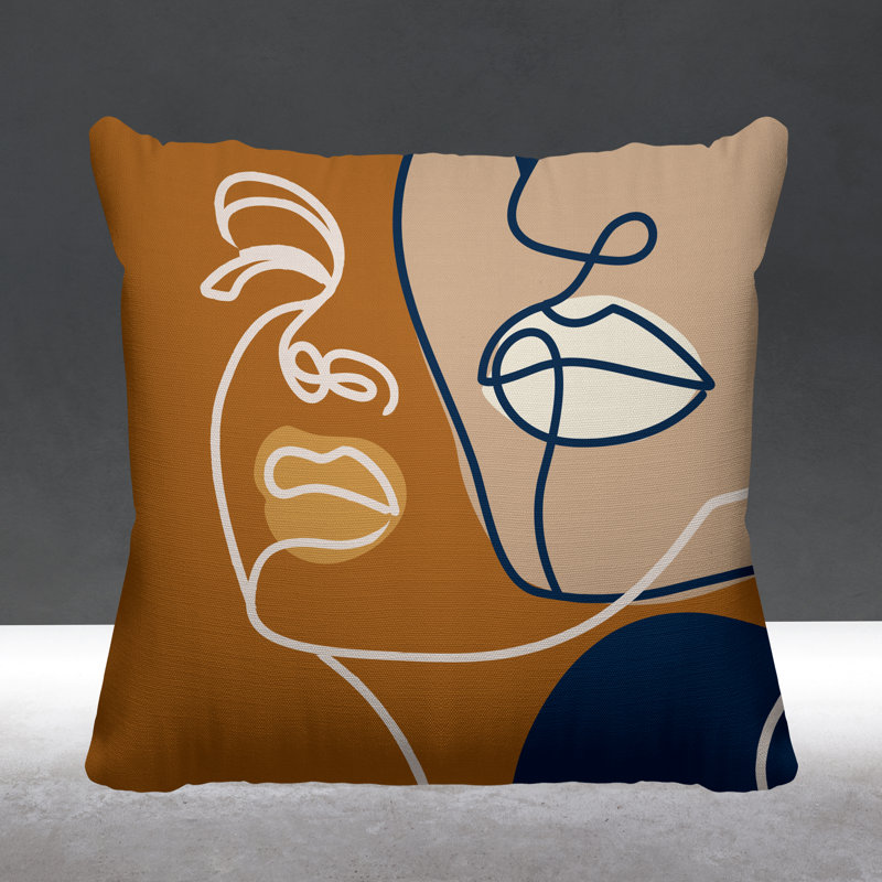 Coussin décoratif intérieur / extérieur Conte Minimalist Line Face, L 17 po x H 17 po, Orange