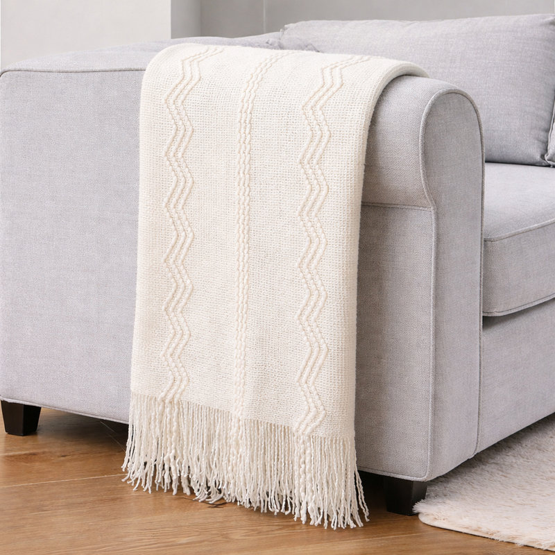 Jeté ivoire tricoté douillet Boho avec frange, Ivory