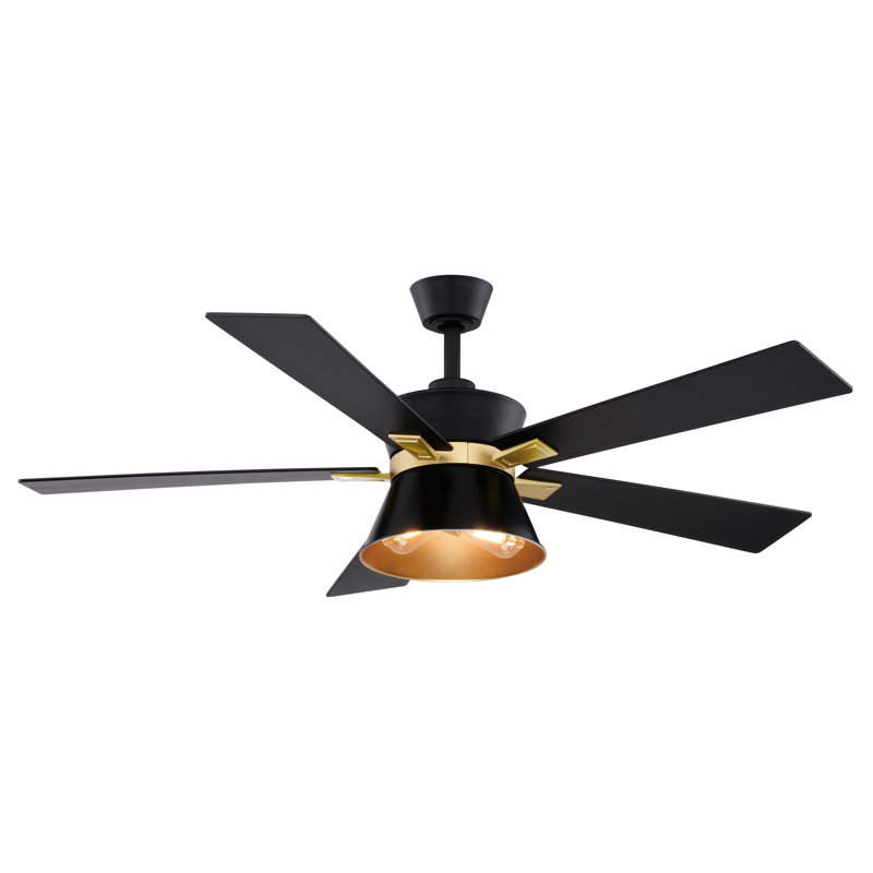 Khateeb 52 in. Black and Gold Indoor Rod Mount Mid-Century Modern Ceiling Fan with Reversible Black-Walnut Blades, Dimmable LED Light Kit and Remote Control Included, 3 Speeds, Metal Shade