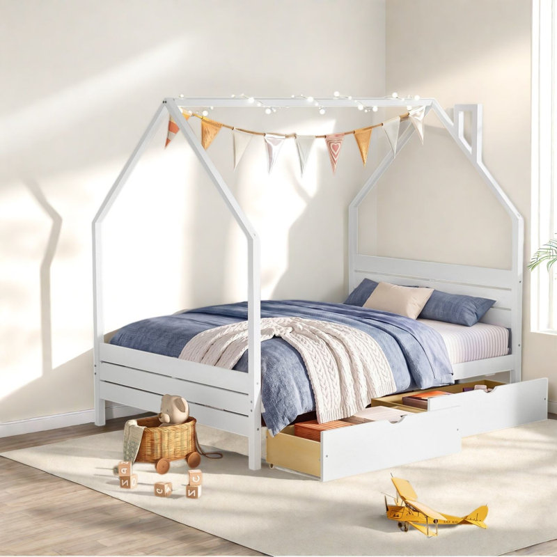 Lits avec rangement, cadre de maison en panneau de fibres à densité moyenne, chambre d'enfant moderne, Blanc
