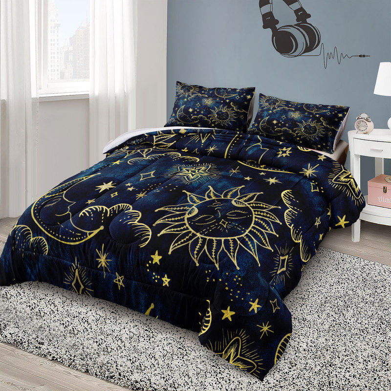 Ensemble d'édredon soleil et lune, Abstrait bleu, Édredon très grand + 3 taies d'oreiller