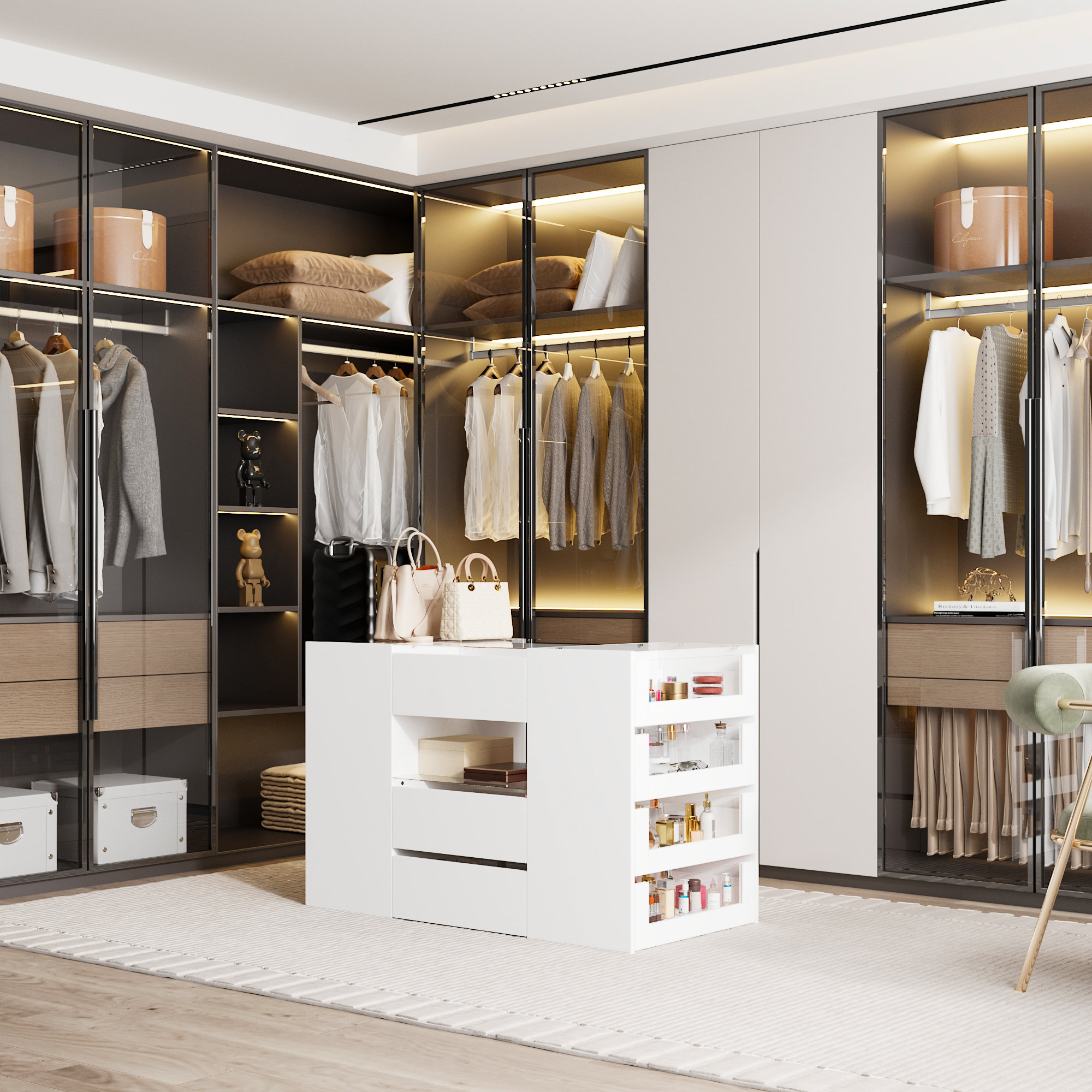 Latitude Run® White Closet Island With 14 Drawers And Tempered Glass ...