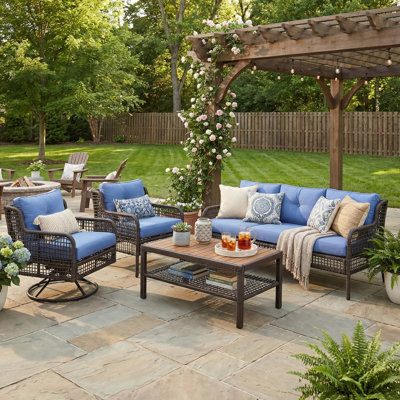 Ensemble de meubles de patio 4 pièces avec chaises pivotantes, canapés d'extérieur en osier pour 5 personnes, ensemble de conversation modulaire en rotin pour terrasse près de la piscine