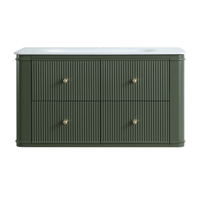 Meuble-lavabo mural flottant vert 36 po avec lavabo en bois d'hévéa massif avec tiroirs en queue d'aronde à fermeture en douceur