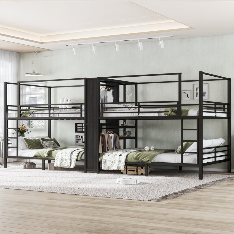 Grand lit double superposé en métal avec tablettes de rangement intégrées et garde-robe, structure robuste à bruit réduit, idéal pour l'efficacité de l'espace et la sécurité