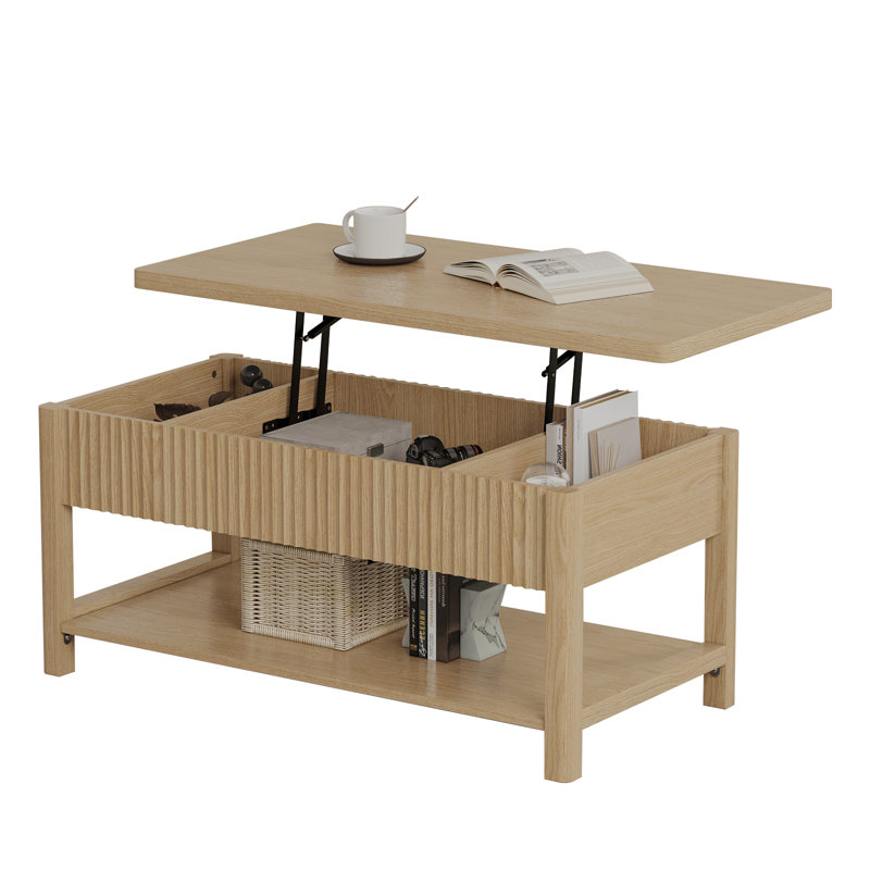 Table basse à plateau relevable de 39 po, table centrale cannelée à 2 niveaux avec espace de rangement caché et tablette ouverte, table à thé rectangulaire moderne en bois convenant au salon, au bureau personnel