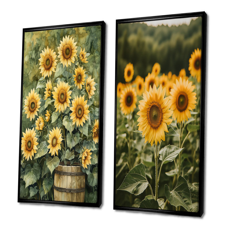 Tournesols dans le jardin du verger I - Collection d'art mural floral 2 pièces, 28" H x 25" W, Black Floater Framed