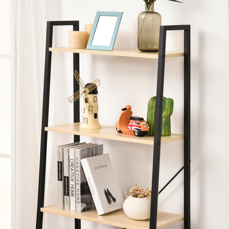 Devrek 145cm H x 60cm W Steel Ladder Bookcase, Black/Light Wood