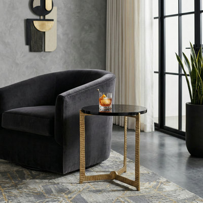 Elegant Round Stone-Top Accent End Table for Living Room Decor - Sculptural Narrow Side Table with Textured Metal Base for Room Styling - Gold & Metallic