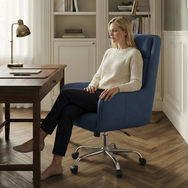 Modern Upholstered Swivel Executive Office Chair with Headrest, Blue