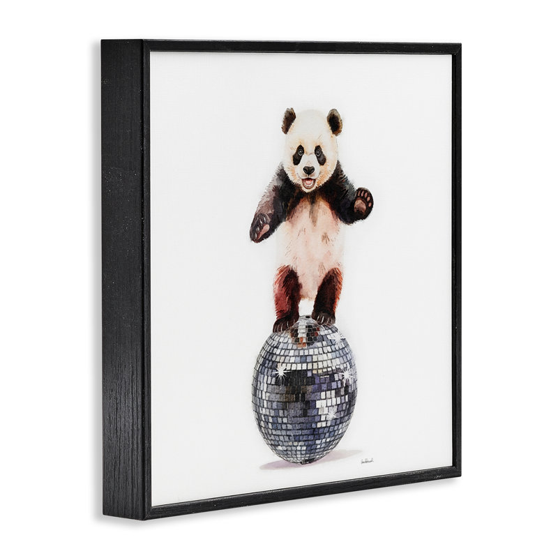 Panda en équilibre sur boule disco, estampe numérique, design par Amanda Greenwood, Giclée encadrée noir minuit